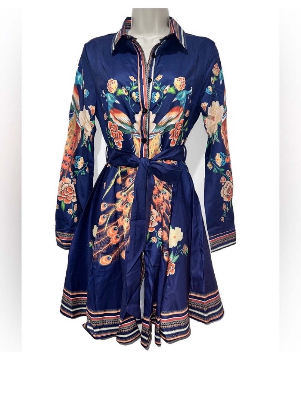 Gorgeous Floral & Birds Navy Blue Long Sleeve A-Line Dress Size XL